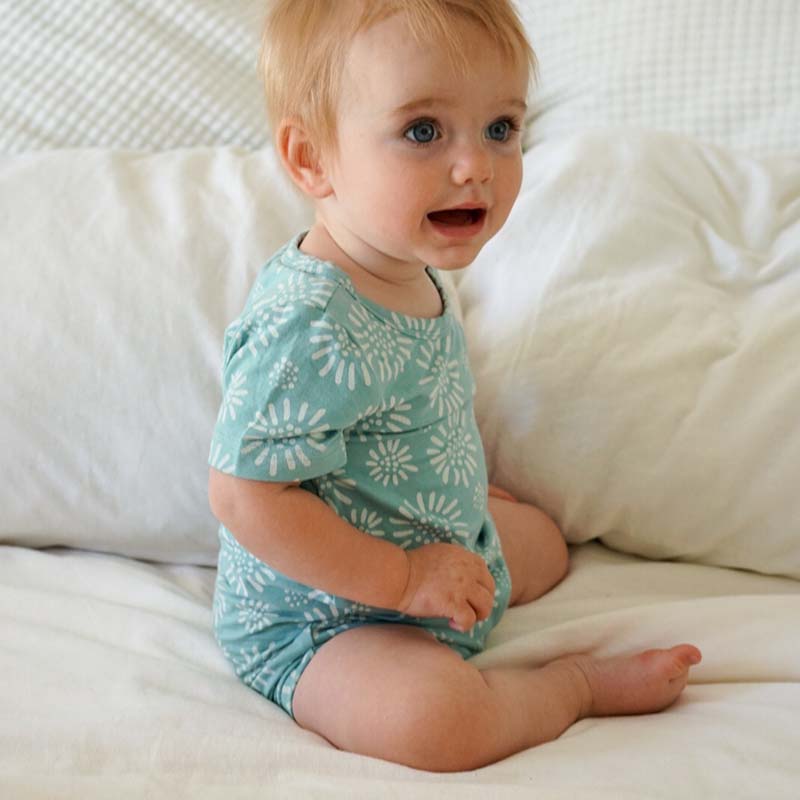 Bamboo Baby Romper Aqua Spring Print