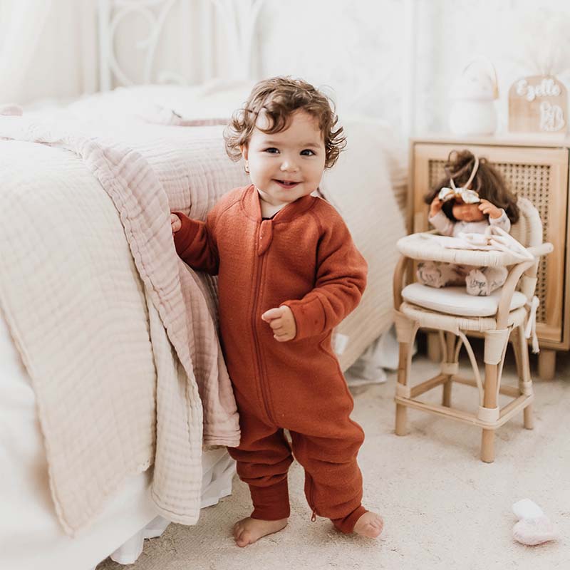 Merino Fleece Sleepsuit with Sleeves Deep Amber Hello Night Kids