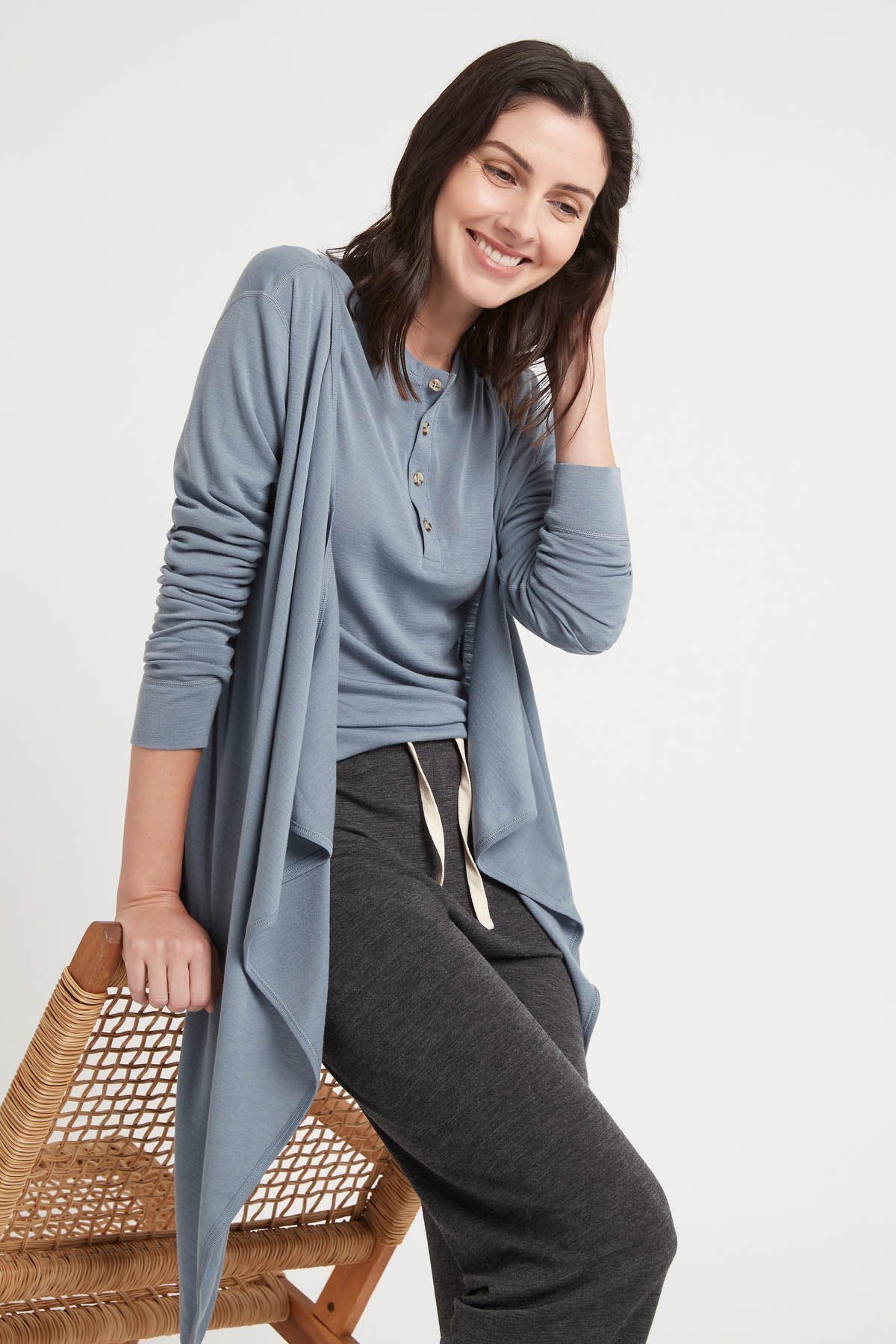 Women's Merino Button Long Sleeve Dusty Blue