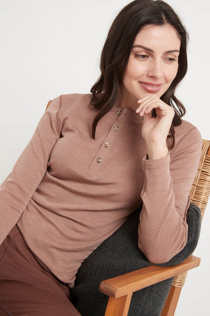 Women's Merino Button Long Sleeve Fig Stripe