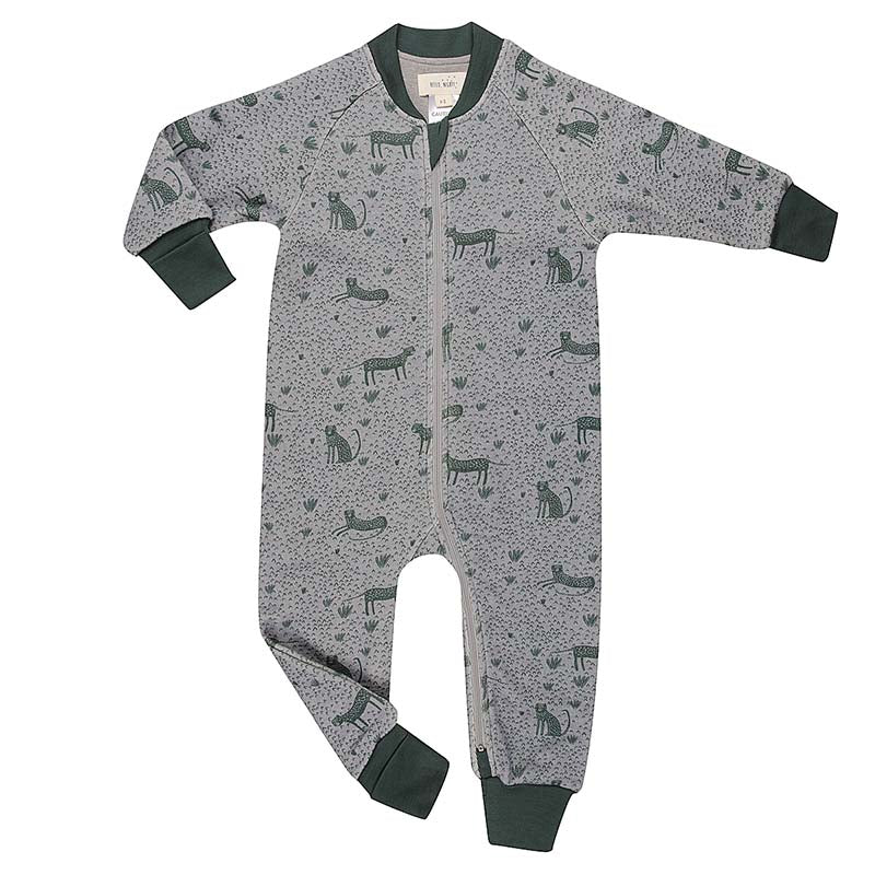 Merino Sleepsuit Warmest with Sleeves Ocean Green Leopard