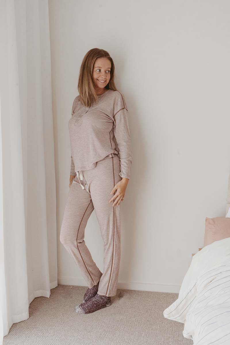 Women's Merino Button Pyjama Set Clay Stripe