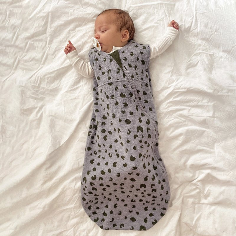 Merino Knitted Baby Sleeping Bag Olive Spots