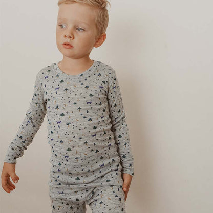 Merino Wool Layer Set Pyjamas Forest Print Grey Marle