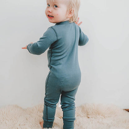 Merino Wool Baby Thermal Onesie Smoky Blue