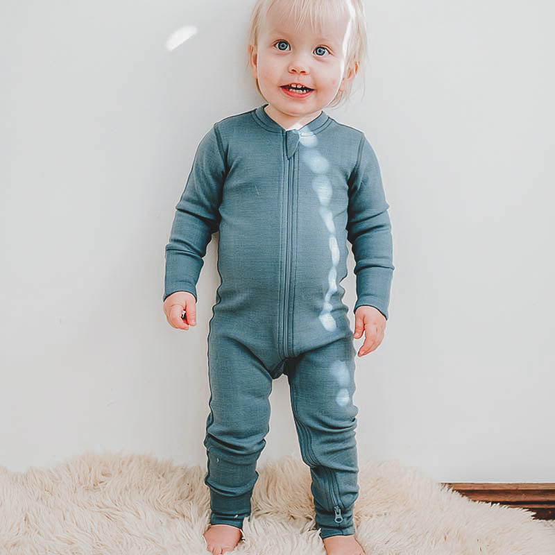 Merino Wool Baby Thermal Onesie Smoky Blue